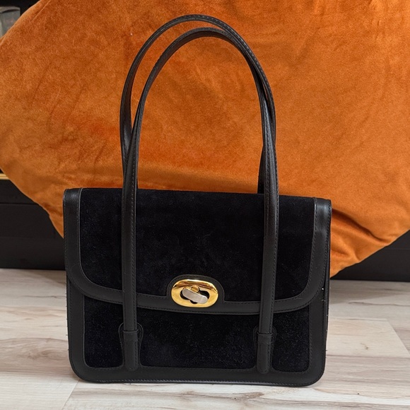 Vintage Handbags - Vintage Marli Black Suede & Leather Handbag — Gold-Tone Twist Lock 1965–1978